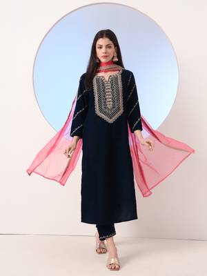 navy blue velvet zari work kurta trouser dupatta set 1