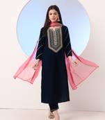 navy blue velvet zari work kurta trouser dupatta set
