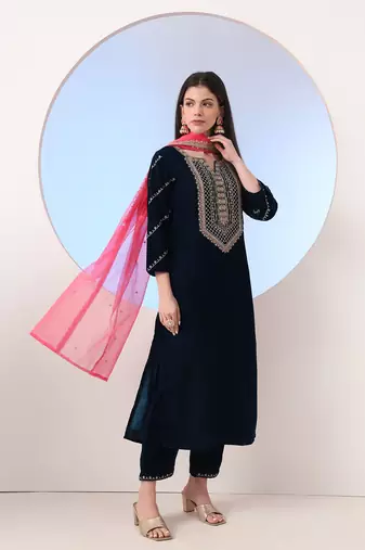 navy blue velvet zari work kurta trouser dupatta set