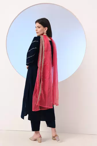 navy blue velvet zari work kurta trouser dupatta set