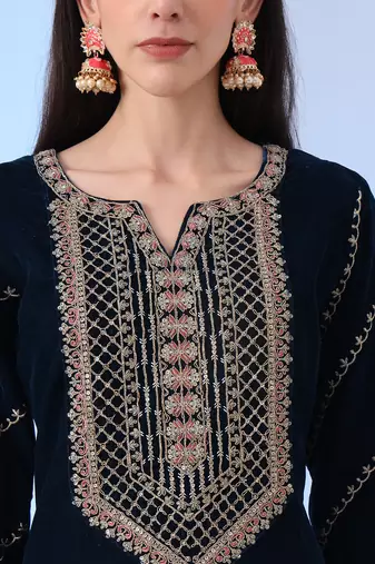 navy blue velvet zari work kurta trouser dupatta set
