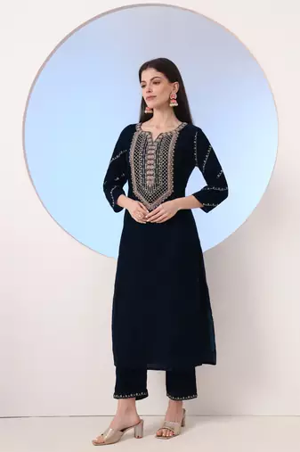 navy blue velvet zari work kurta trouser dupatta set