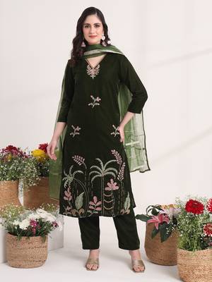 olive straight embroidery kurta and trouser with dupatta set 2