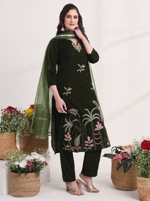 olive straight embroidery kurta and trouser with dupatta set 3