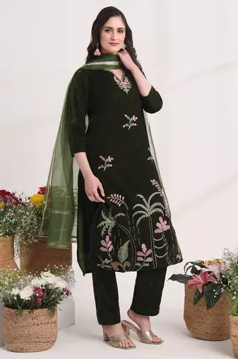 olive straight embroidery kurta and trouser with dupatta set