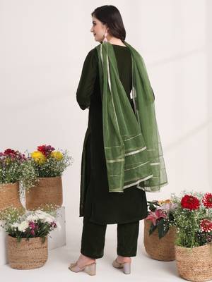 olive straight embroidery kurta and trouser with dupatta set 4
