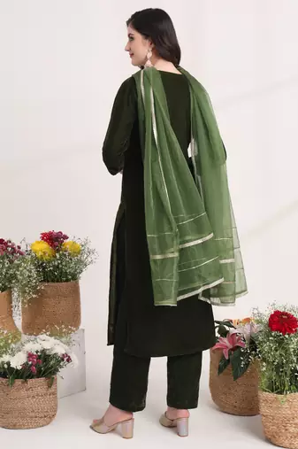 olive straight embroidery kurta and trouser with dupatta set