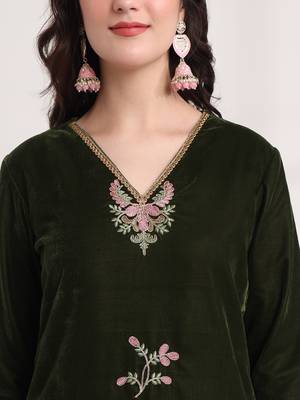 olive straight embroidery kurta and trouser with dupatta set 5
