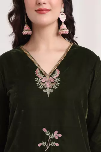 olive straight embroidery kurta and trouser with dupatta set