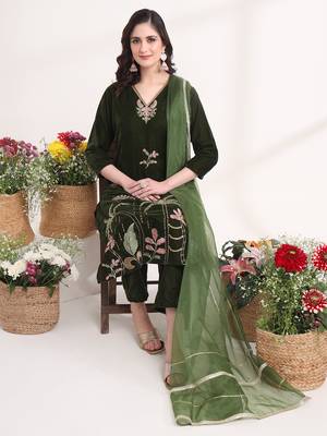 olive straight embroidery kurta and trouser with dupatta set 6