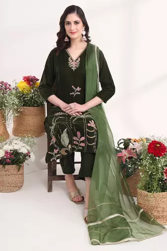 olive straight embroidery kurta and trouser with dupatta set