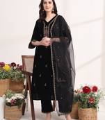 black straight embroidery kurta and trouser with dupatta set