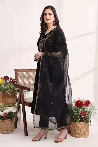 black straight embroidery kurta and trouser with dupatta set