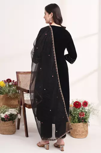 black straight embroidery kurta and trouser with dupatta set