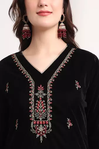 black straight embroidery kurta and trouser with dupatta set