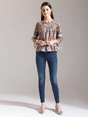 beige pure cotton geometric gathered or pleated top 1