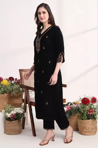 black straight embroidery kurta and trouser with dupatta set
