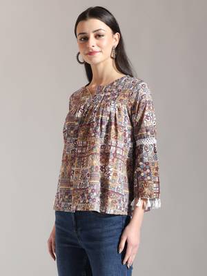 beige pure cotton geometric gathered or pleated top 2