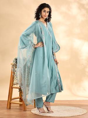 teal green silk embroidered angrakha kurta pant set with organza dupatta set 2