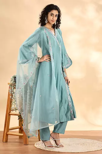 teal green silk embroidered angrakha kurta pant set with organza dupatta set