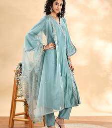 teal green silk embroidered angrakha kurta pant set with organza dupatta set