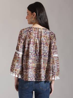 beige pure cotton geometric gathered or pleated top 3
