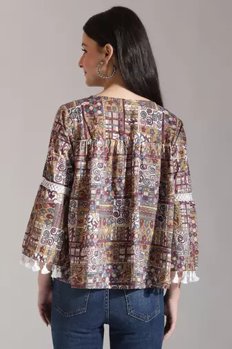 beige pure cotton geometric gathered or pleated top