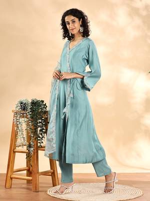 teal green silk embroidered angrakha kurta pant set with organza dupatta set 3