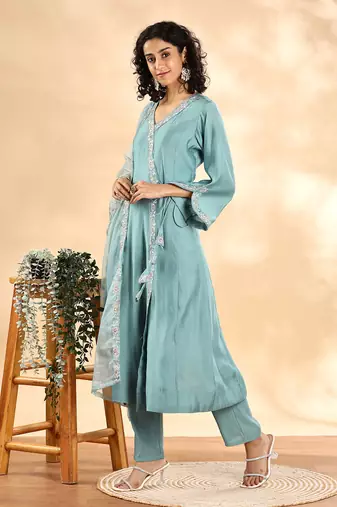 teal green silk embroidered angrakha kurta pant set with organza dupatta set