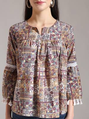 beige pure cotton geometric gathered or pleated top 4