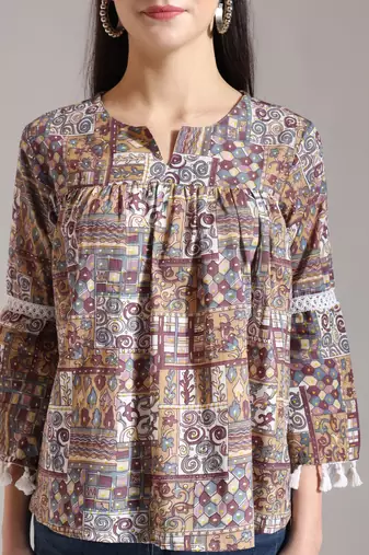 beige pure cotton geometric gathered or pleated top