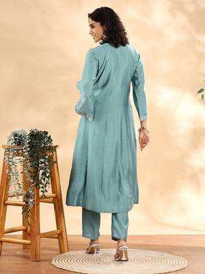 teal green silk embroidered angrakha kurta pant set with organza dupatta set 4