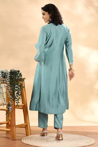 teal green silk embroidered angrakha kurta pant set with organza dupatta set