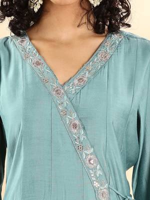 teal green silk embroidered angrakha kurta pant set with organza dupatta set 5