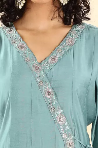 teal green silk embroidered angrakha kurta pant set with organza dupatta set