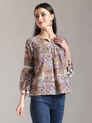 beige pure cotton geometric gathered or pleated top 5