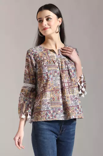 beige pure cotton geometric gathered or pleated top