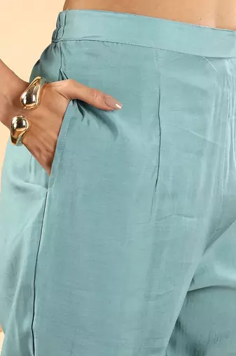 teal green silk embroidered angrakha kurta pant set with organza dupatta set