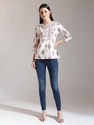 floral print pure cotton pin tuck top 1