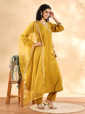 mustard silk embroidered angrakha kurta pant set with organza dupatta set 2