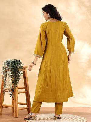 mustard silk embroidered angrakha kurta pant set with organza dupatta set 3