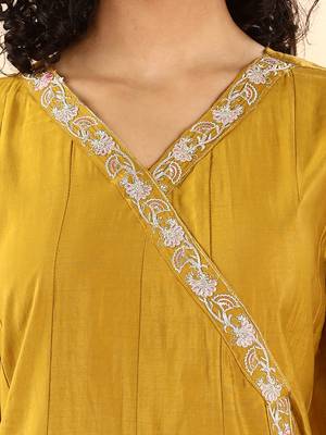mustard silk embroidered angrakha kurta pant set with organza dupatta set 4