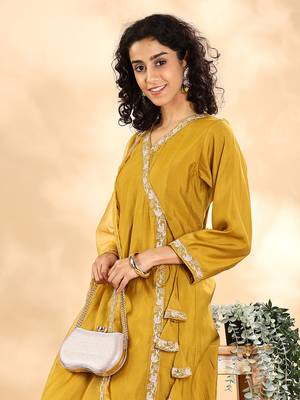 mustard silk embroidered angrakha kurta pant set with organza dupatta set 5