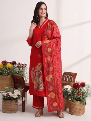 red floral,lace work straight kurta and trouser with dupatta set 1