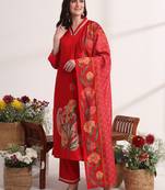 red floral,lace work straight kurta and trouser with dupatta set