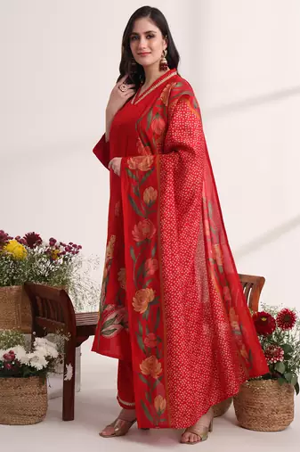 red floral,lace work straight kurta and trouser with dupatta set
