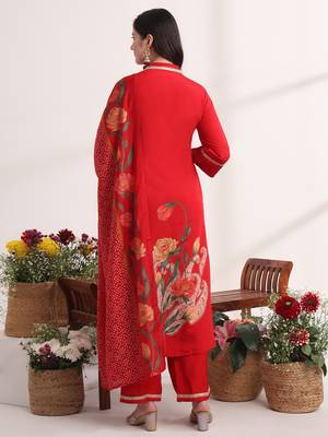 red floral,lace work straight kurta and trouser with dupatta set 3