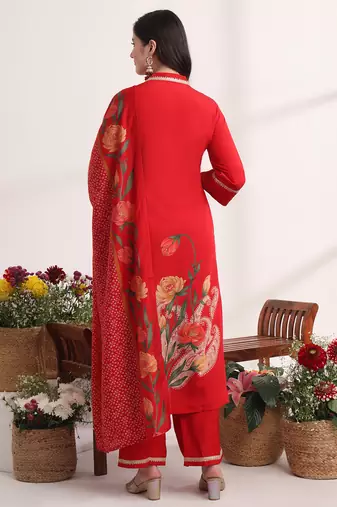 red floral,lace work straight kurta and trouser with dupatta set