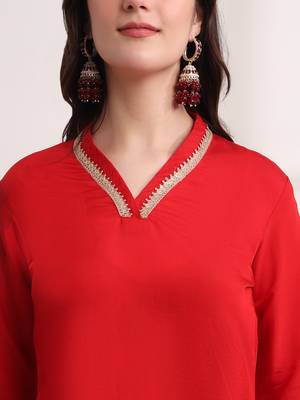 red floral,lace work straight kurta and trouser with dupatta set 4