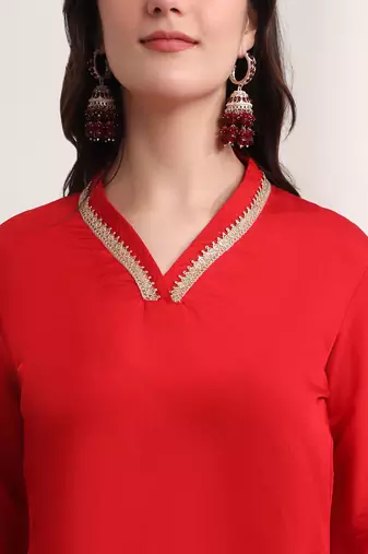 red floral,lace work straight kurta and trouser with dupatta set